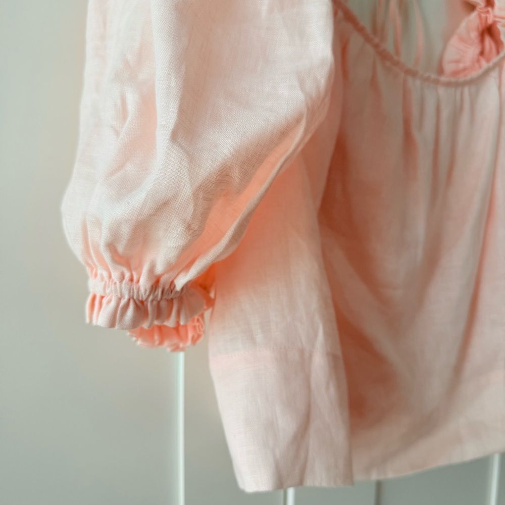HARSHMAN Pink Puff Sleeve Linen Top | Size Small - Picture 2 of 5